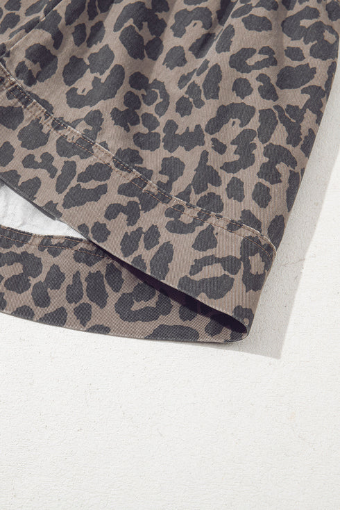 Brown Denim Leopard Printed Short Puff Sleeve Mini Dress