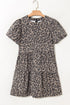 Brown Denim Leopard Printed Short Puff Sleeve Mini Dress