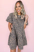 Brown Denim Leopard Printed Short Puff Sleeve Mini Dress
