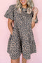 Brown Denim Leopard Printed Short Puff Sleeve Mini Dress