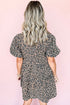 Brown Denim Leopard Printed Short Puff Sleeve Mini Dress