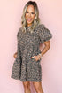 Brown Denim Leopard Printed Short Puff Sleeve Mini Dress