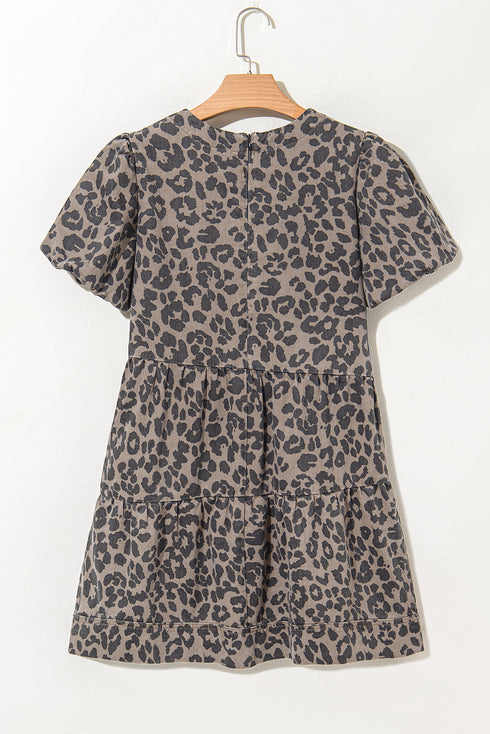 Brown Denim Leopard Printed Short Puff Sleeve Mini Dress