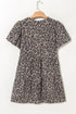 Brown Denim Leopard Printed Short Puff Sleeve Mini Dress