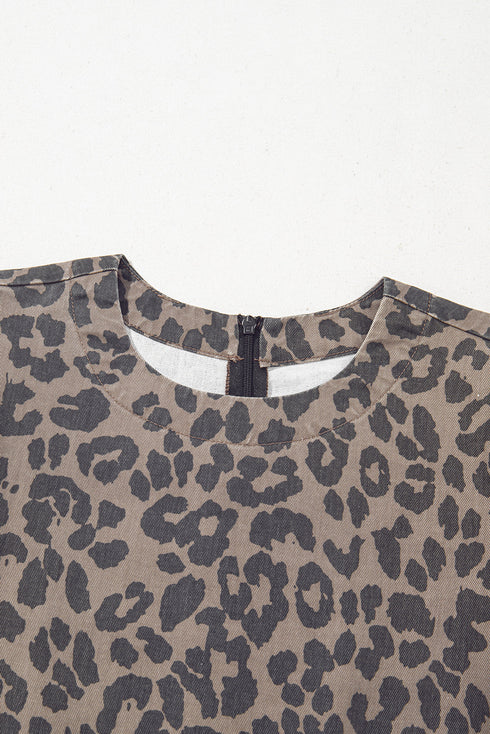 Brown Denim Leopard Printed Short Puff Sleeve Mini Dress