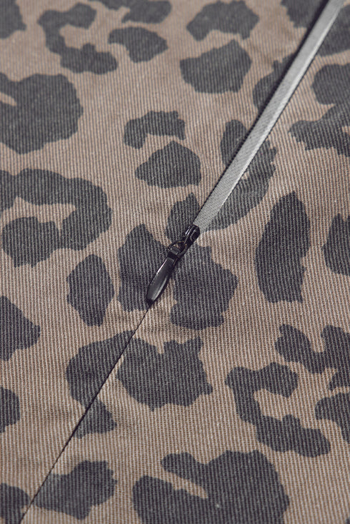 Brown Denim Leopard Printed Short Puff Sleeve Mini Dress