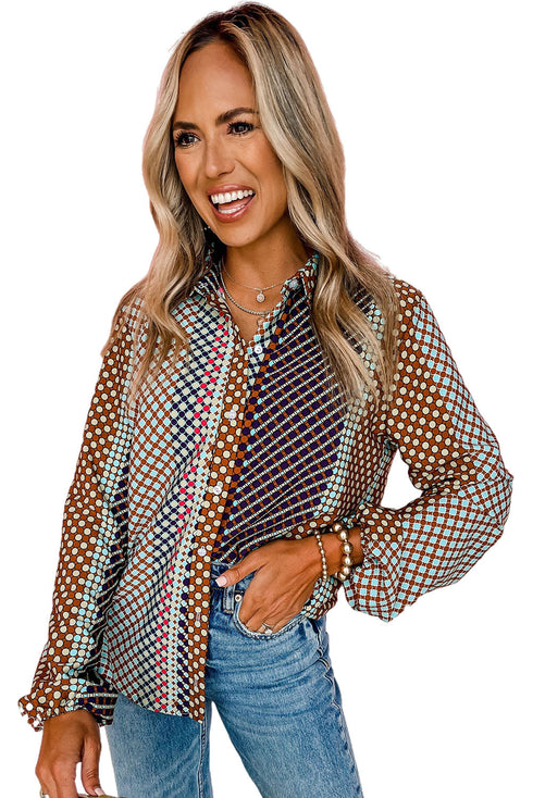 Brown Dot Print Long Sleeve Button Down Shift Shirt