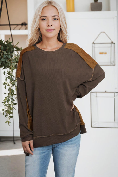 Brown Exposed Seam Patchwork Ribbed Knit Oversized Top