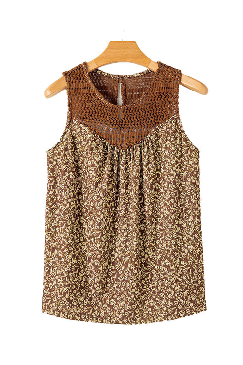 Brown Eyelet Knit Yoke Patchwork Printed Flowy Fit Tank Top