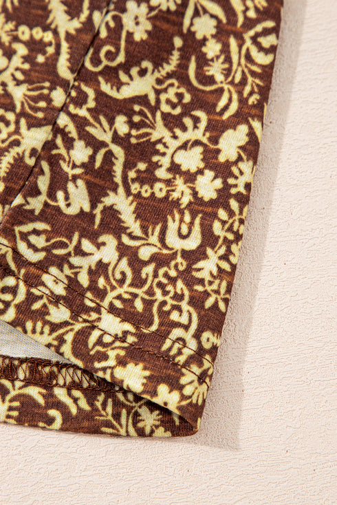 Brown Eyelet Knit Yoke Patchwork Printed Flowy Fit Tank Top