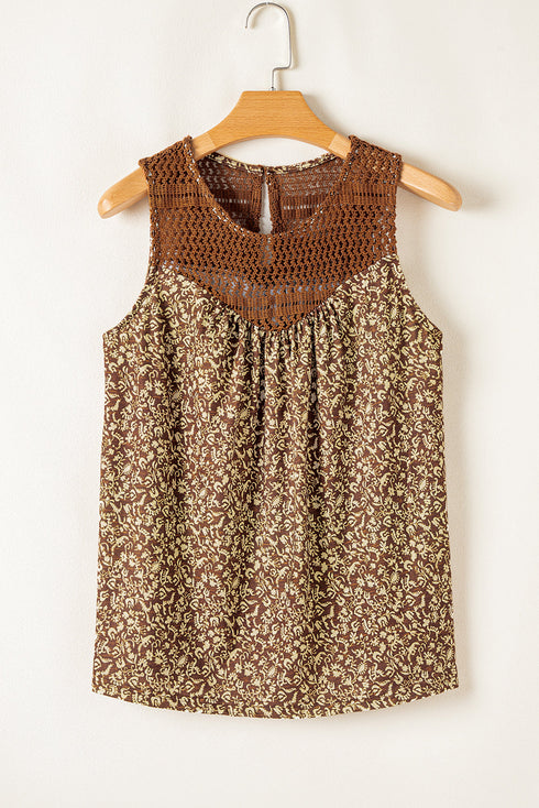 Brown Eyelet Knit Yoke Patchwork Printed Flowy Fit Tank Top