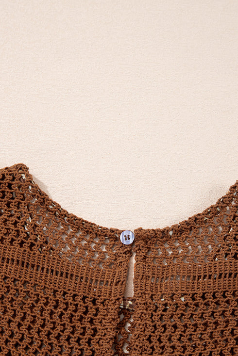 Brown Eyelet Knit Yoke Patchwork Printed Flowy Fit Tank Top