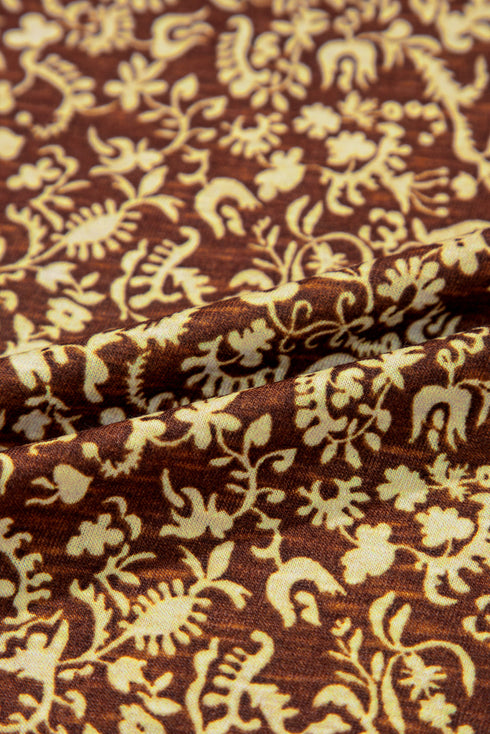 Brown Eyelet Knit Yoke Patchwork Printed Flowy Fit Tank Top