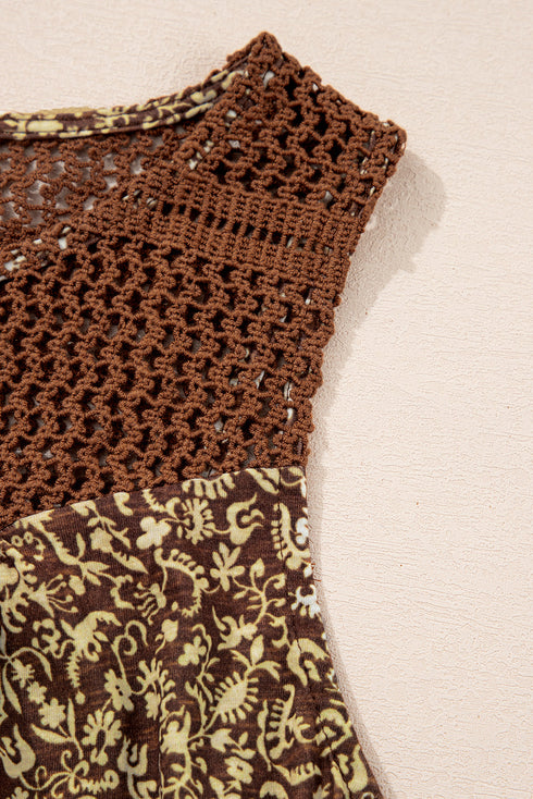 Brown Eyelet Knit Yoke Patchwork Printed Flowy Fit Tank Top
