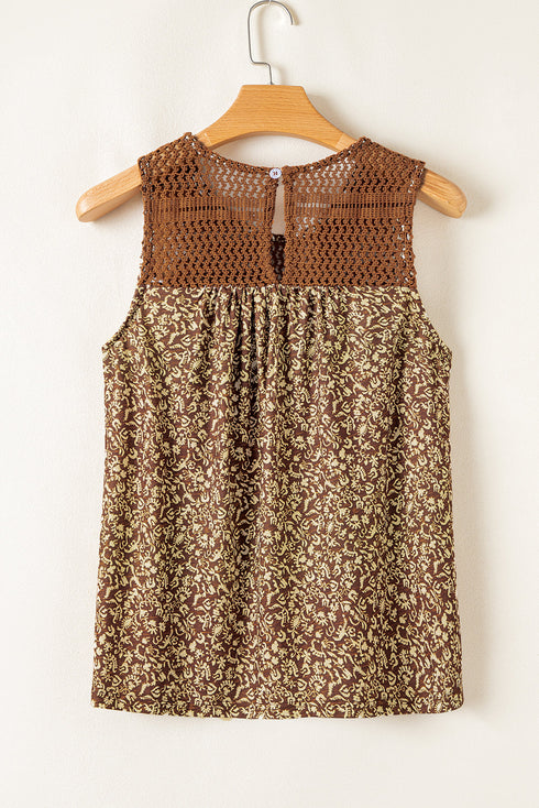 Brown Eyelet Knit Yoke Patchwork Printed Flowy Fit Tank Top