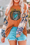 Brown Fall Pumpkin Graphic Boho Balloon Sleeve Top