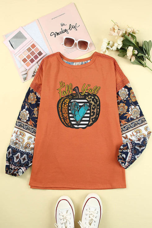 Brown Fall Pumpkin Graphic Boho Balloon Sleeve Top