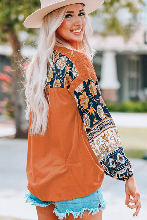 Brown Fall Pumpkin Graphic Boho Balloon Sleeve Top