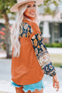 Brown Fall Pumpkin Graphic Boho Balloon Sleeve Top