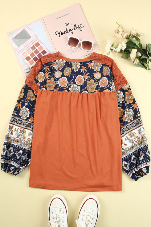 Brown Fall Pumpkin Graphic Boho Balloon Sleeve Top