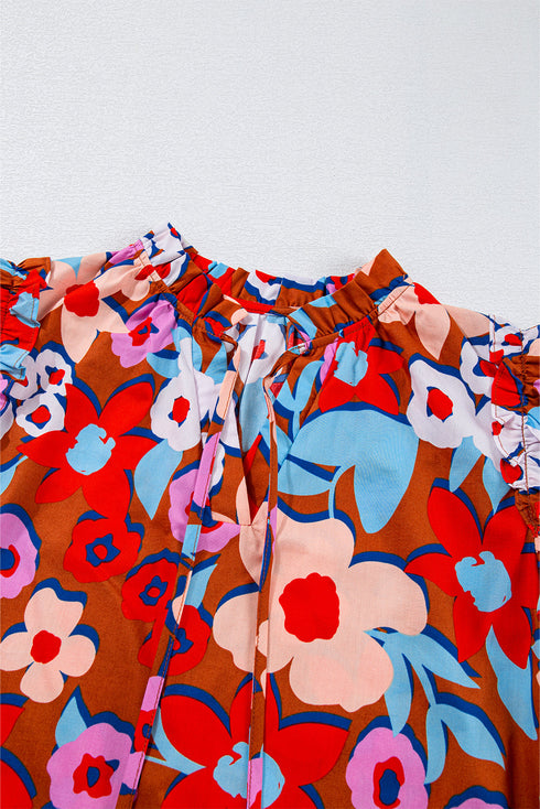 Brown Flower Print Self Tie Frilled Collar Puff Sleeve Blouse