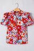 Brown Flower Print Self Tie Frilled Collar Puff Sleeve Blouse