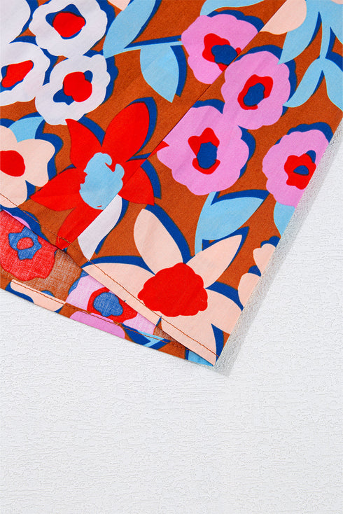 Brown Flower Print Self Tie Frilled Collar Puff Sleeve Blouse