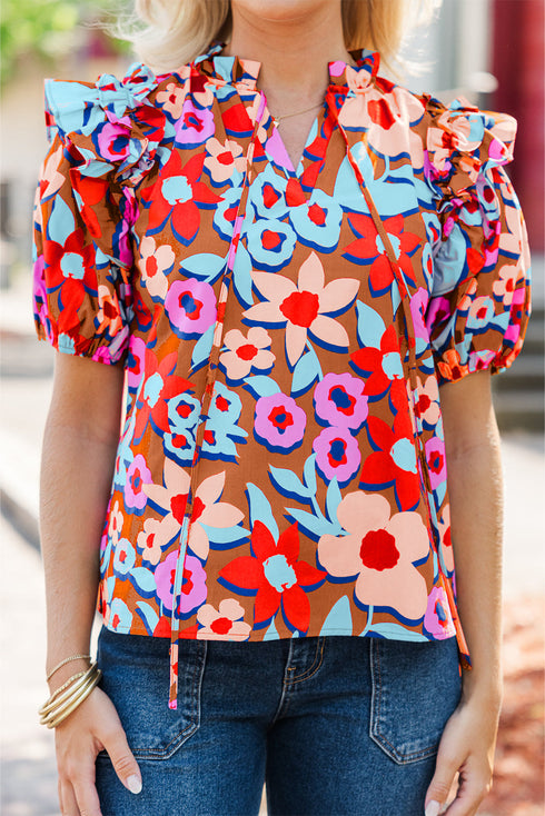 Brown Flower Print Self Tie Frilled Collar Puff Sleeve Blouse
