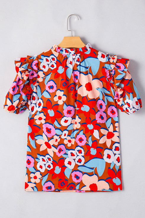 Brown Flower Print Self Tie Frilled Collar Puff Sleeve Blouse