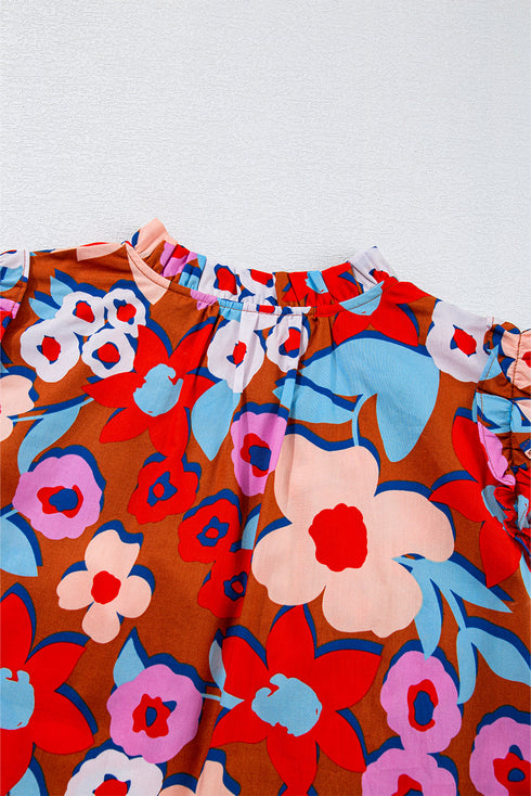 Brown Flower Print Self Tie Frilled Collar Puff Sleeve Blouse