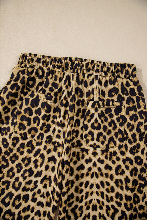 Brown Leopard Print Bow Tie Drawstring Elastic Waist Loose High Waist Pants
