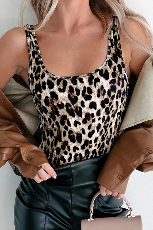 Brown Leopard Print U Neck Sleeveless Bodysuit