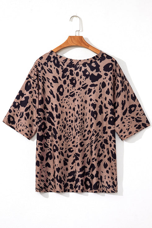 Brown Leopard Print V Neck Half Sleeve Oversized Tee
