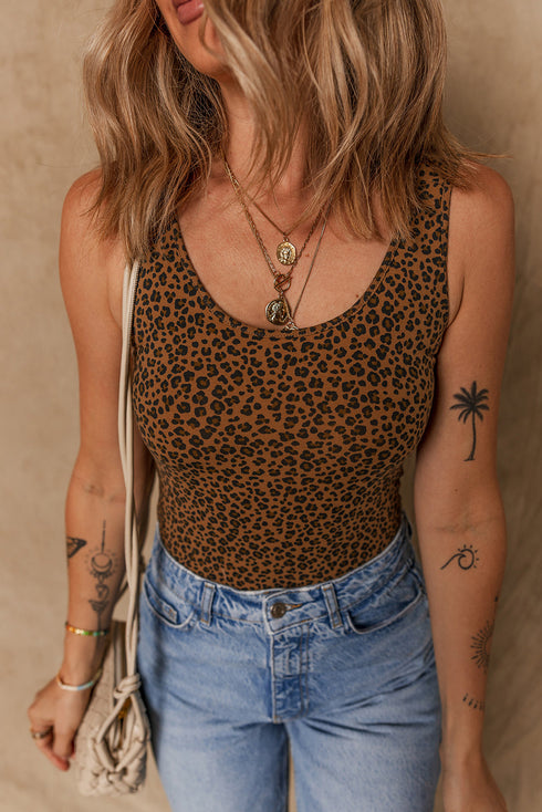 Brown Leopard Printed Sleeveless Scoop Neck Bodysuit