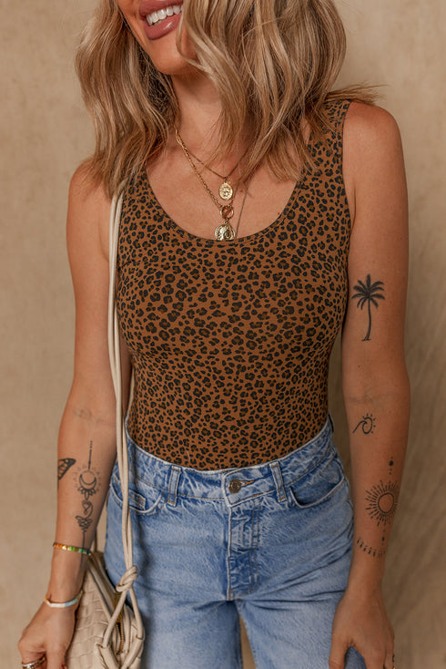 Brown Leopard Printed Sleeveless Scoop Neck Bodysuit