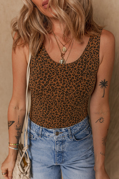 Brown Leopard Printed Sleeveless Scoop Neck Bodysuit