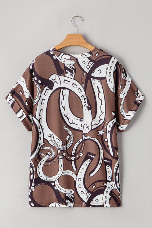 Brown Lucky Horseshoes Graphic Dolman T-shirt