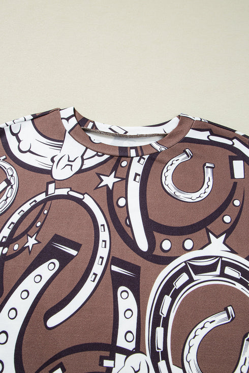 Brown Lucky Horseshoes Graphic Dolman T-shirt