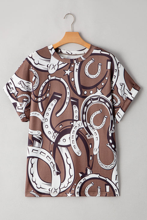 Brown Lucky Horseshoes Graphic Dolman T-shirt