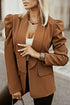 Brown Open Front Puff Sleeves Blazer