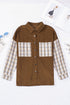 Brown Plaid Patchwork Corduroy Shirt Jacket With Pocket