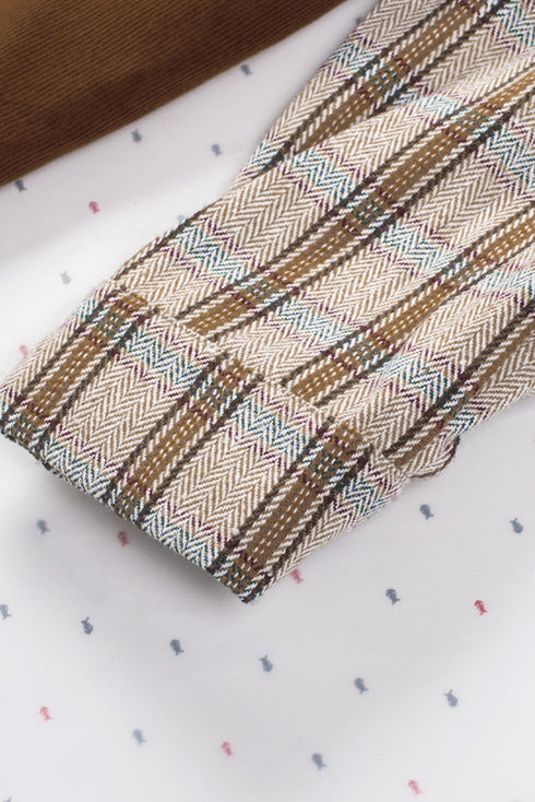 Brown Plaid Patchwork Corduroy Shirt Jacket With Pocket