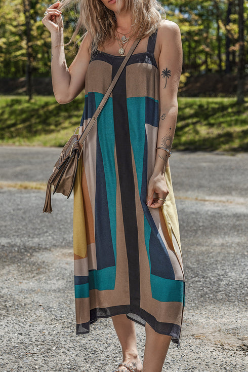 Brown Retro Geometric Printed Y Back Sleeveless Dress