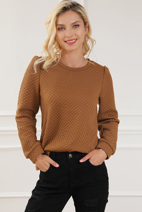 Brown Solid Color Quilted Puff Sleeve Pullover Sweatshirt