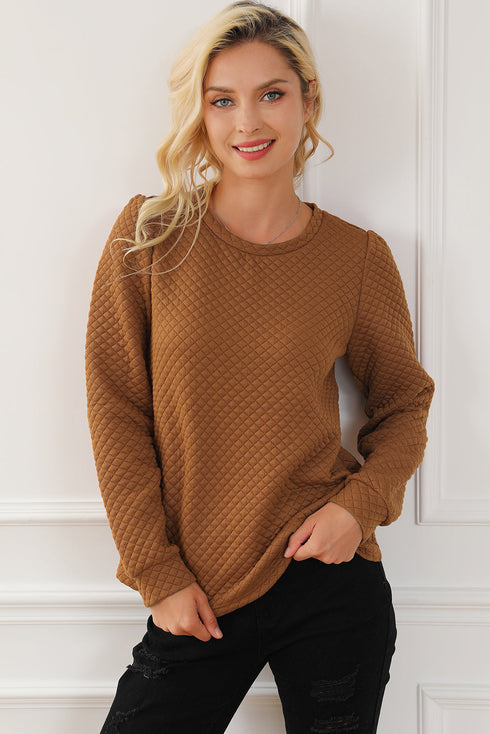 Brown Solid Color Quilted Puff Sleeve Pullover Sweatshirt