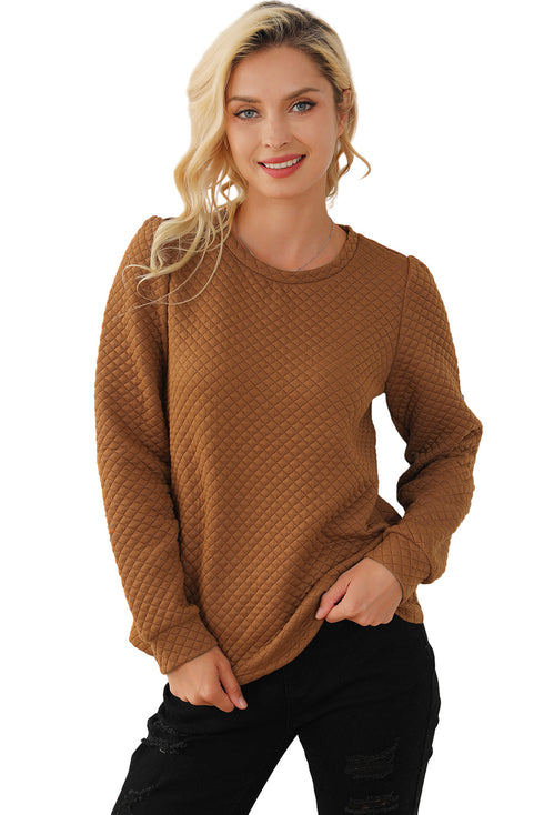 Brown Solid Color Quilted Puff Sleeve Pullover Sweatshirt