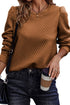 Brown Solid Color Quilted Puff Sleeve Pullover Sweatshirt