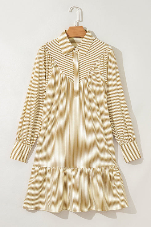Brown Stripe Collared Neck Cuffed Long Sleeve Drop Waist Mini Dress