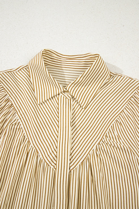 Brown Stripe Collared Neck Cuffed Long Sleeve Drop Waist Mini Dress