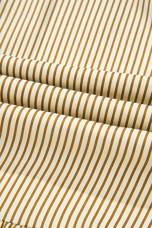 Brown Stripe Collared Neck Cuffed Long Sleeve Drop Waist Mini Dress